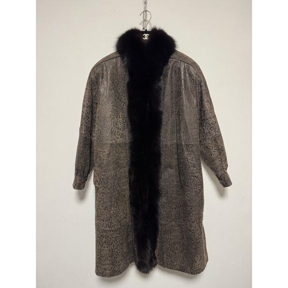 Snake Print Coat Womens Medium Brown Fox Fur Trim Longline Oversized Python - Picture 1 of 16